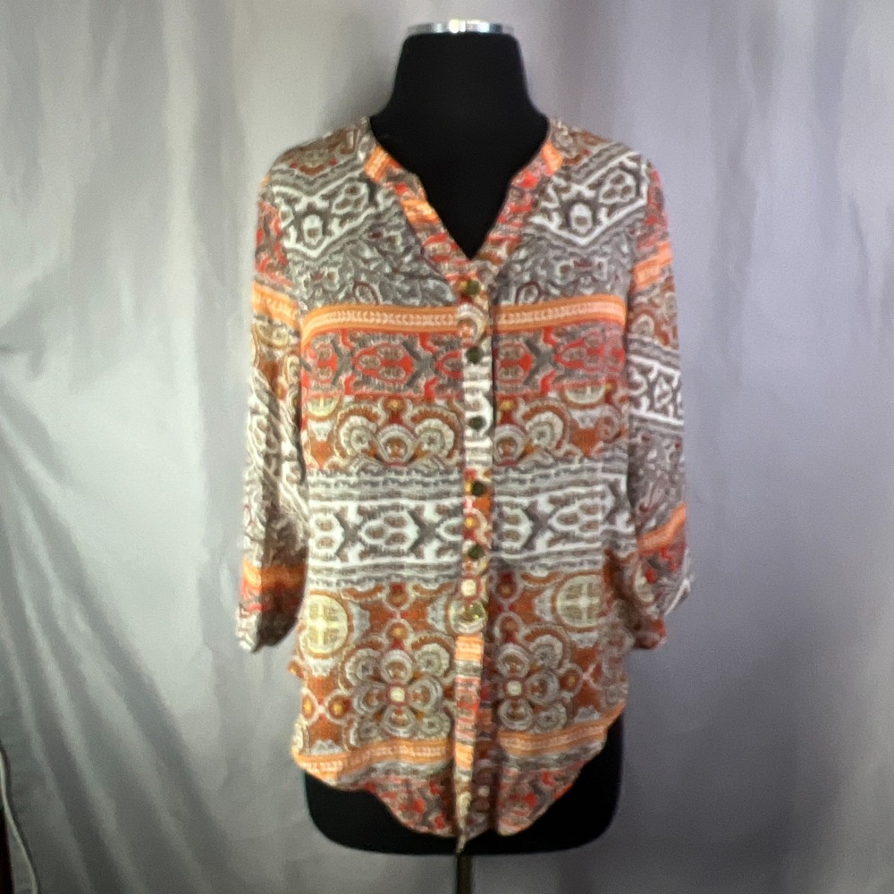Dressbarn Shirt Womens S Multi Paisley Split Neck Roll Tab Sleeve Button Front